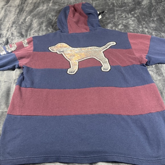 Victoria's Secret PINK SEQUINS BLING STRIPED‎ Hoodie RUGBY Perfect 1/4 Zip Large - Picture 11 of 14